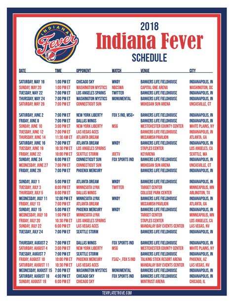 indiana fever schedule printable